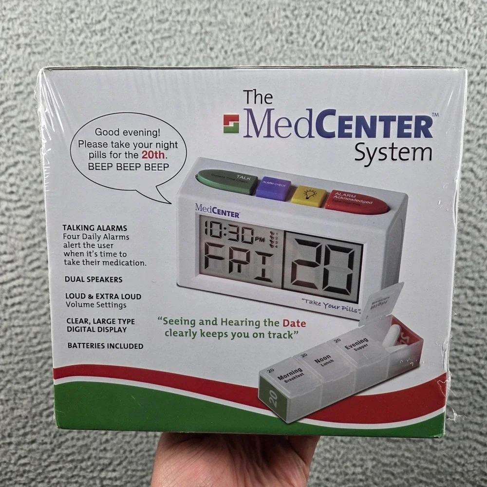 MedCenter Monthly Pill Organizer System Talking Alarm Clock 31 Day White Red